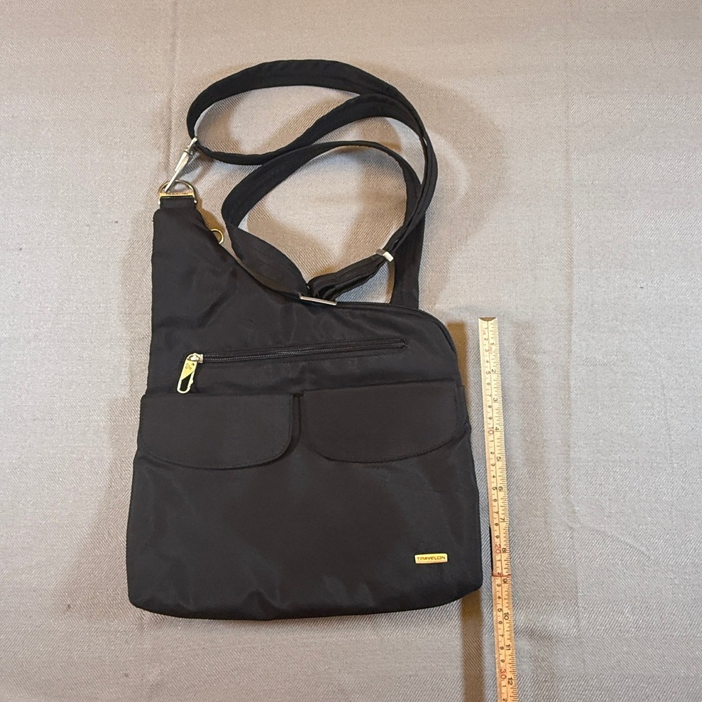 Travelon Anti-Theft Crossbody Bag Black Nylon Teal Lining Adjustable Strap Slim - Picture 6 of 8